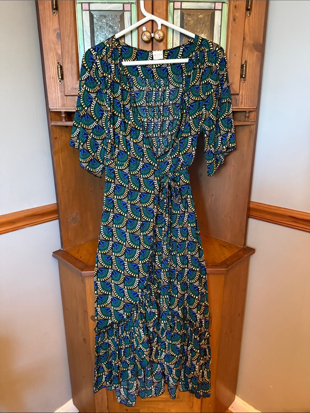 Silk & Salt Journey Maxi Wrap Dress African Peacock Print Green Blue Size L